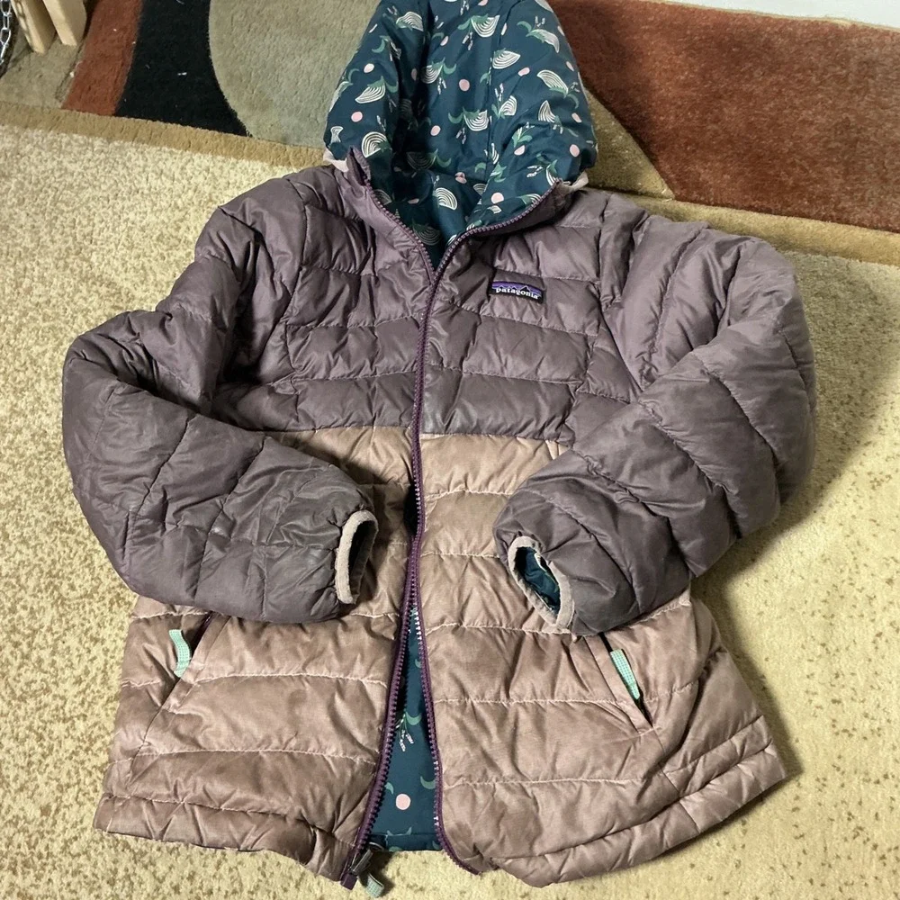 Patagonia Reversible Down Sweater Hoody Kids M 10 Blue Whale Purple Puffer Coat